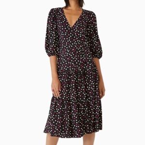 Kate Spade Womens Glimmer Dot Wrap Dress Size L Black Pink Midi Puff Sleeve